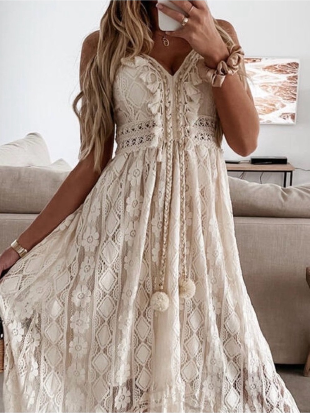 Boho Lace Maxi Dress in Cream